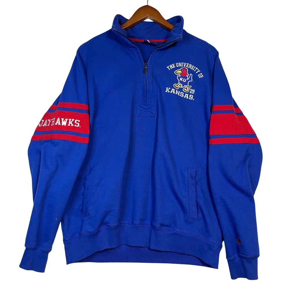 Champion Kansas Jayhawks Quarter Zip Sweatshirt Blue Red Mens - Size L